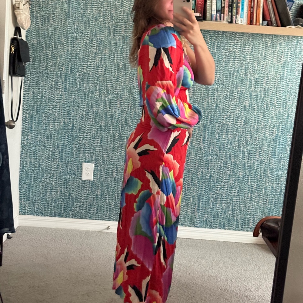 Farm Rio One-Shoulder Slim Floral Red Midi Dress - Picture 4 of 5
